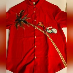 Mens vintage style Holiday graphic button down shirt Large, tomatoe red